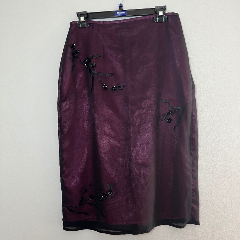 Mixit Vintage Y2K Silk Midi Skirt 10M Purple Iridescent Sequin Floral Whimsigoth